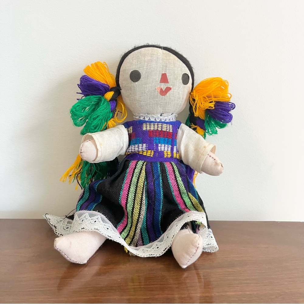 Vintage Handcrafted Mexican Girl Doll Stuffed Posable 8 Inches Traditional Dress